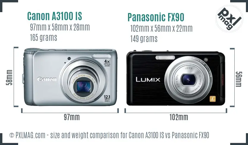 Canon A3100 IS vs Panasonic FX90 size comparison