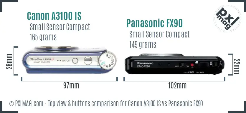 Canon A3100 IS vs Panasonic FX90 top view buttons comparison