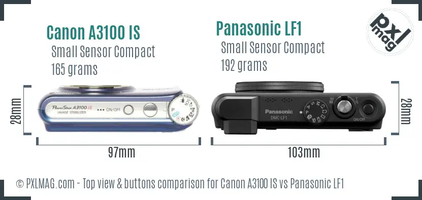 Canon A3100 IS vs Panasonic LF1 top view buttons comparison Canon A3100 IS vs Panasonic LF1 top view buttons comparison