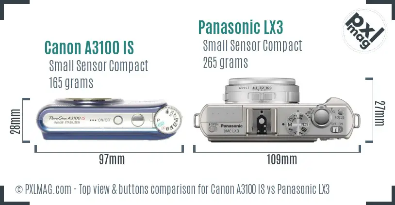 Canon A3100 IS vs Panasonic LX3 top view buttons comparison
