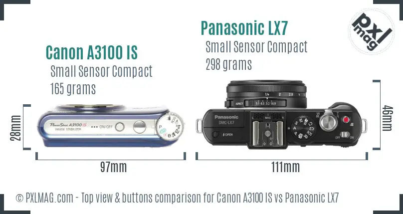 Canon A3100 IS vs Panasonic LX7 top view buttons comparison