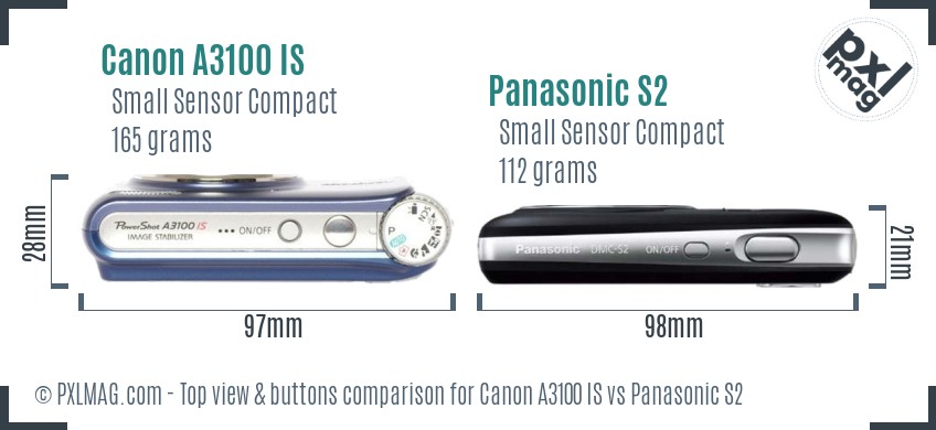 Canon A3100 IS vs Panasonic S2 top view buttons comparison