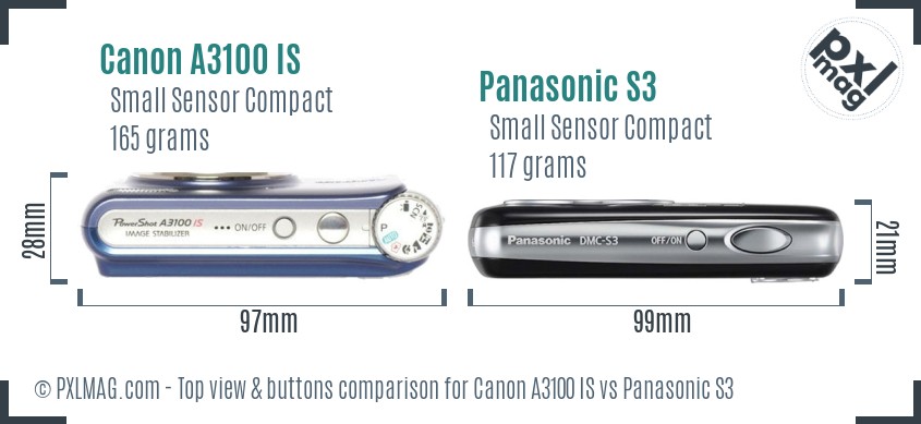 Canon A3100 IS vs Panasonic S3 top view buttons comparison