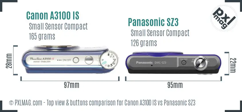 Canon A3100 IS vs Panasonic SZ3 top view buttons comparison