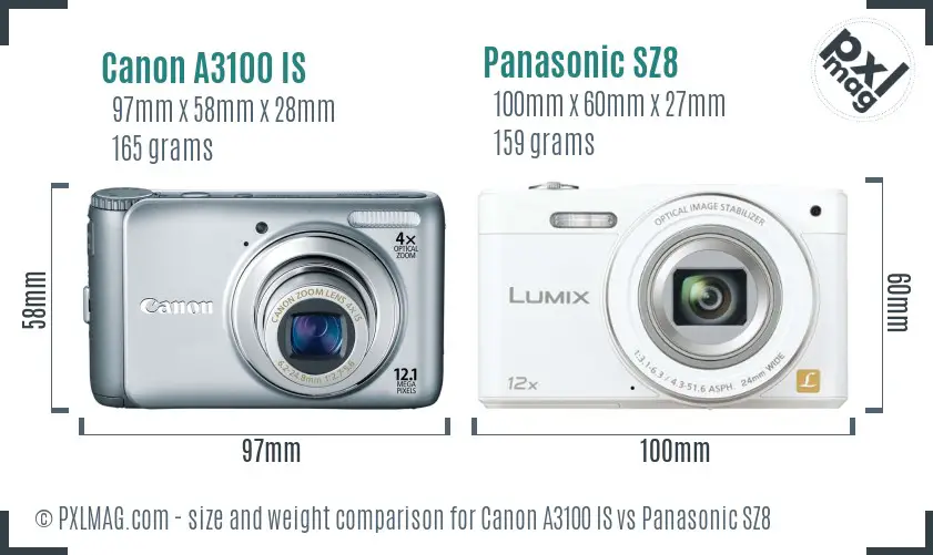 Canon A3100 IS vs Panasonic SZ8 size comparison