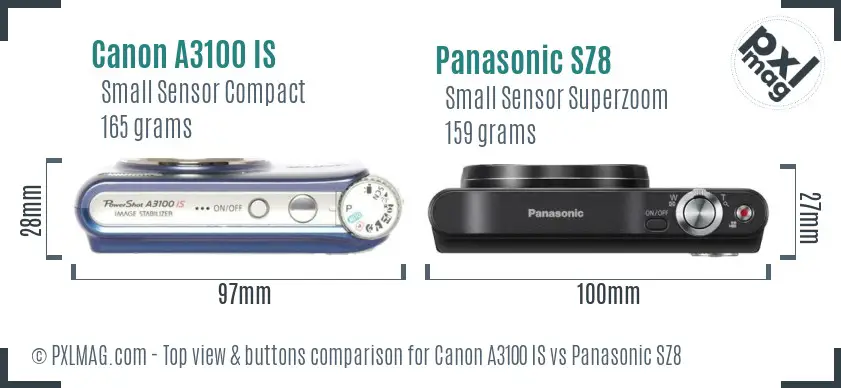 Canon A3100 IS vs Panasonic SZ8 top view buttons comparison