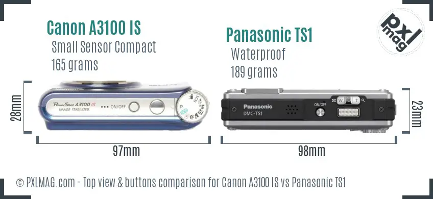 Canon A3100 IS vs Panasonic TS1 top view buttons comparison