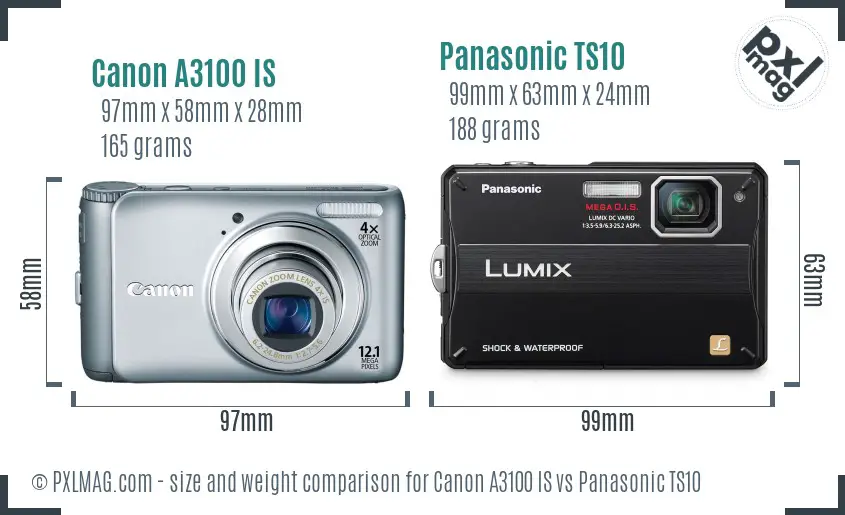Canon A3100 IS vs Panasonic TS10 size comparison