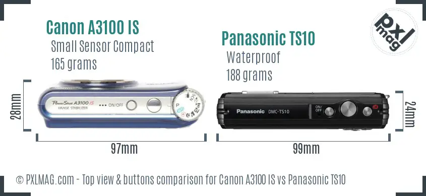 Canon A3100 IS vs Panasonic TS10 top view buttons comparison