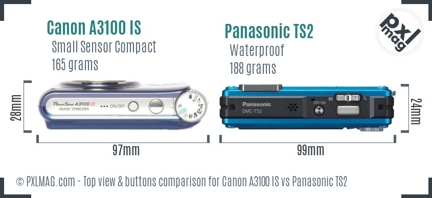 Canon A3100 IS vs Panasonic TS2 top view buttons comparison