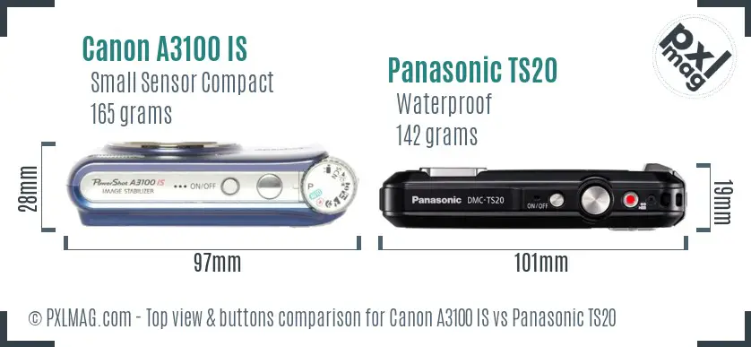 Canon A3100 IS vs Panasonic TS20 top view buttons comparison
