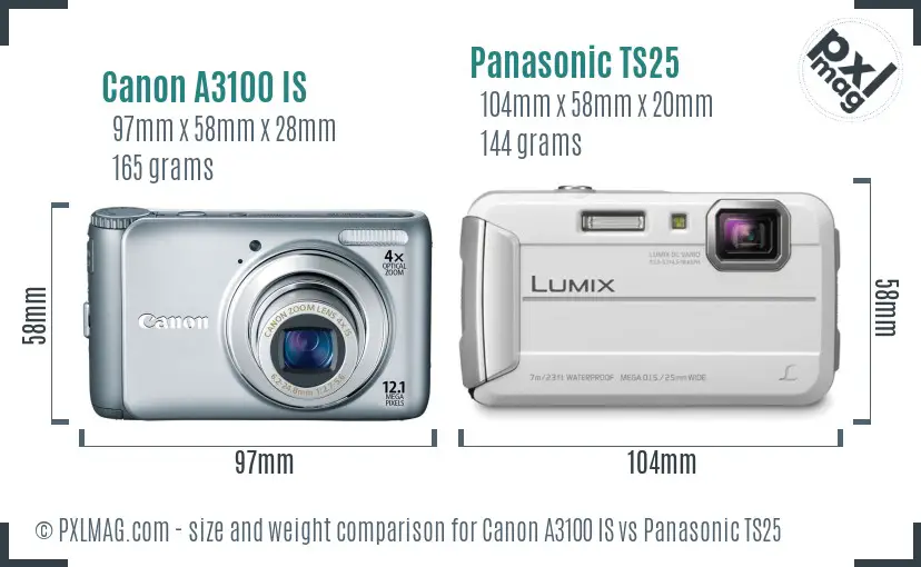 Canon A3100 IS vs Panasonic TS25 size comparison