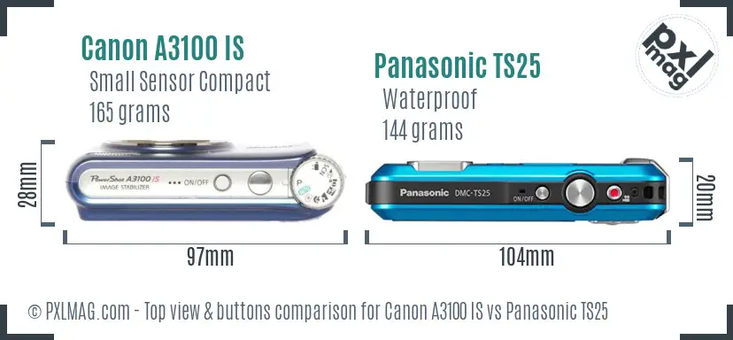 Canon A3100 IS vs Panasonic TS25 top view buttons comparison