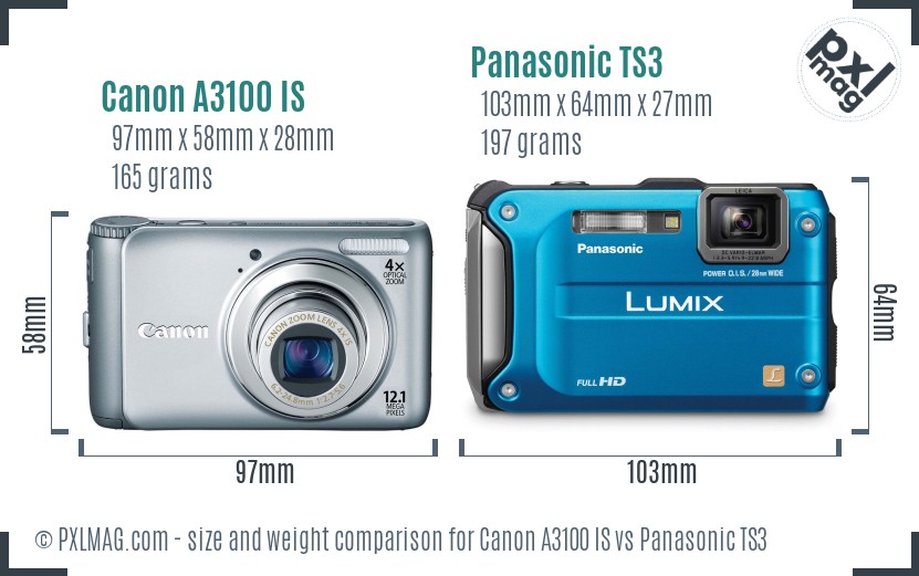 Canon A3100 IS vs Panasonic TS3 size comparison Canon A3100 IS vs Panasonic TS3 size comparison