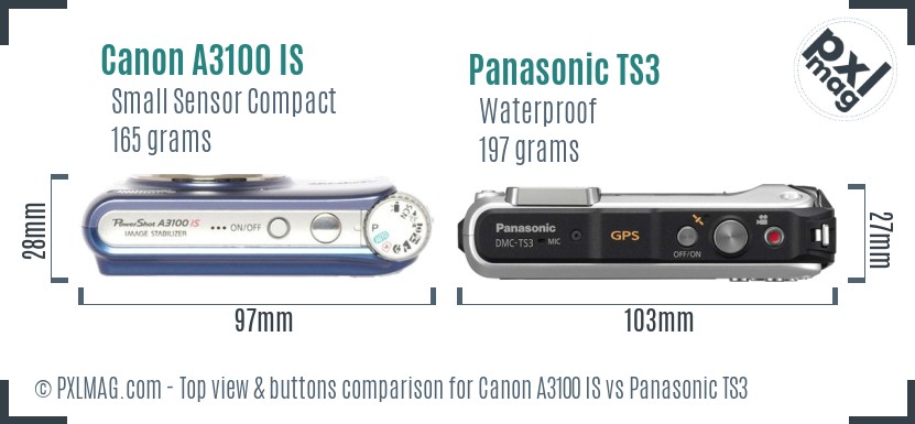 Canon A3100 IS vs Panasonic TS3 top view buttons comparison