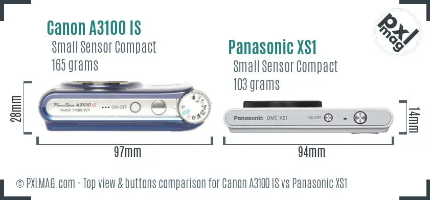 Canon A3100 IS vs Panasonic XS1 top view buttons comparison