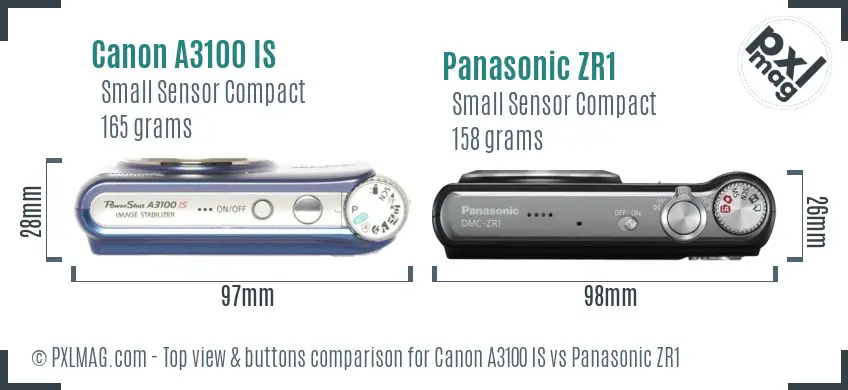 Canon A3100 IS vs Panasonic ZR1 top view buttons comparison Canon A3100 IS vs Panasonic ZR1 top view buttons comparison