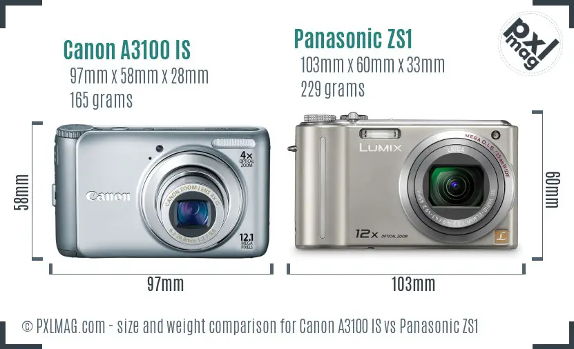 Canon A3100 IS vs Panasonic ZS1 size comparison
