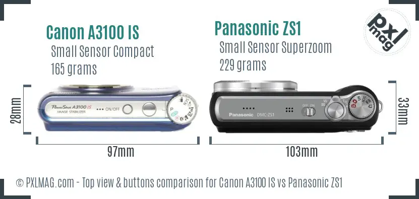 Canon A3100 IS vs Panasonic ZS1 top view buttons comparison