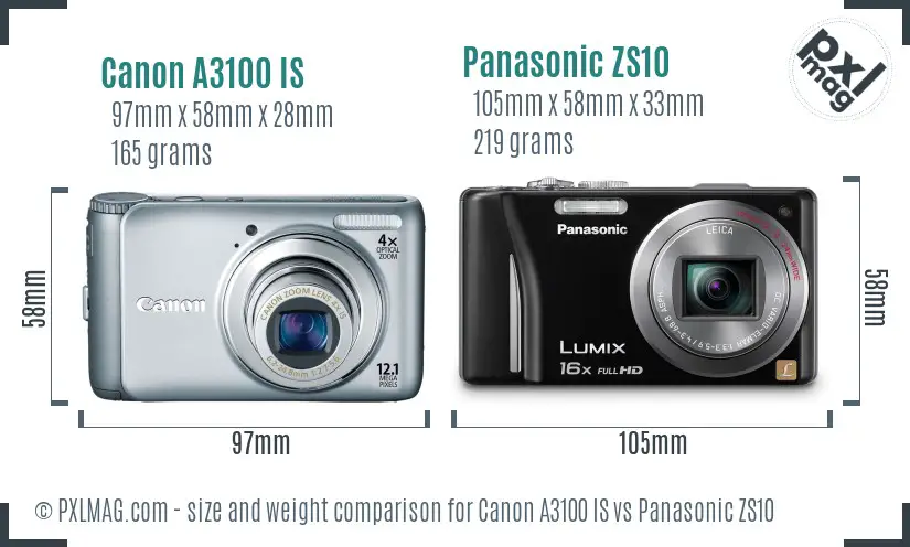 Canon A3100 IS vs Panasonic ZS10 size comparison