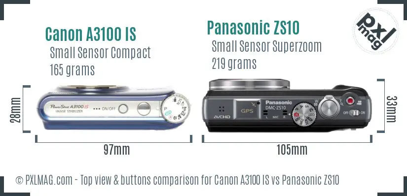 Canon A3100 IS vs Panasonic ZS10 top view buttons comparison