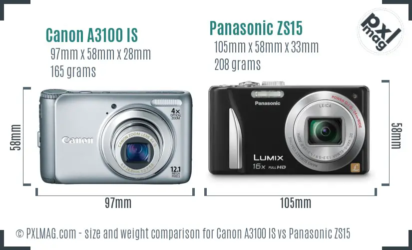 Canon A3100 IS vs Panasonic ZS15 size comparison