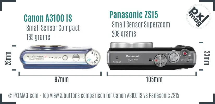 Canon A3100 IS vs Panasonic ZS15 top view buttons comparison