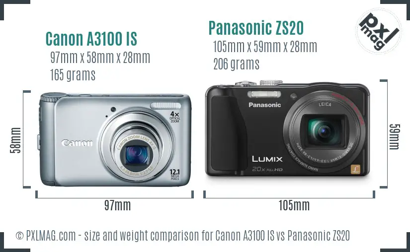 Canon A3100 IS vs Panasonic ZS20 size comparison