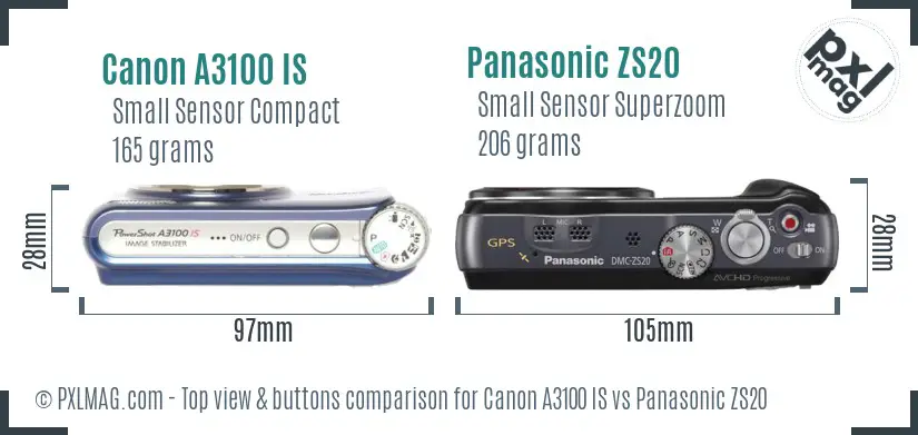 Canon A3100 IS vs Panasonic ZS20 top view buttons comparison