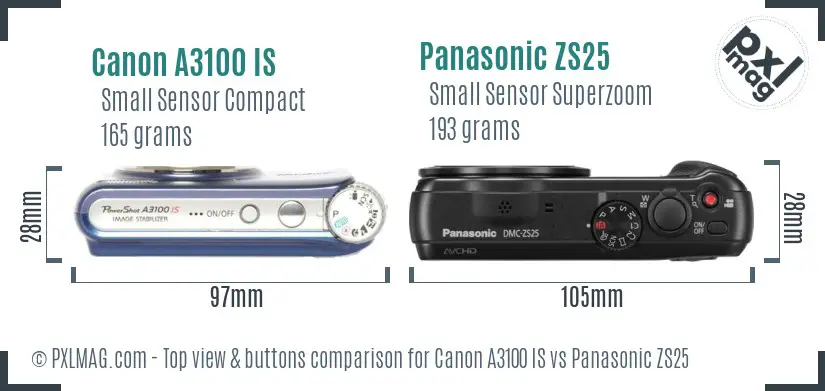 Canon A3100 IS vs Panasonic ZS25 top view buttons comparison