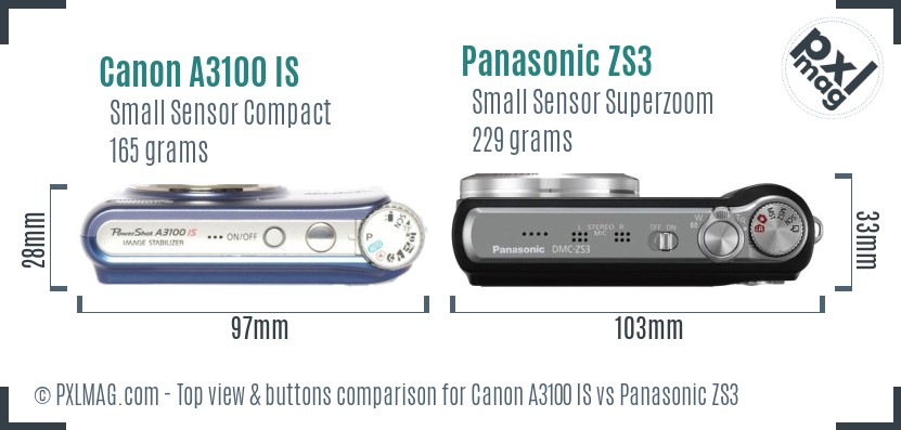 Canon A3100 IS vs Panasonic ZS3 top view buttons comparison