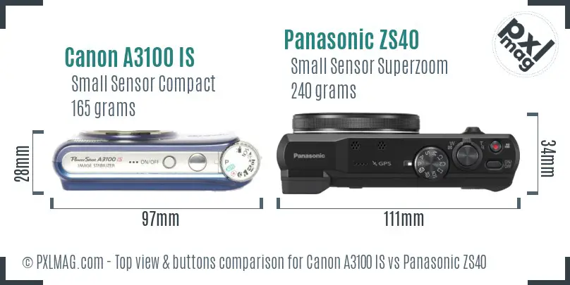 Canon A3100 IS vs Panasonic ZS40 top view buttons comparison Canon A3100 IS vs Panasonic ZS40 top view buttons comparison