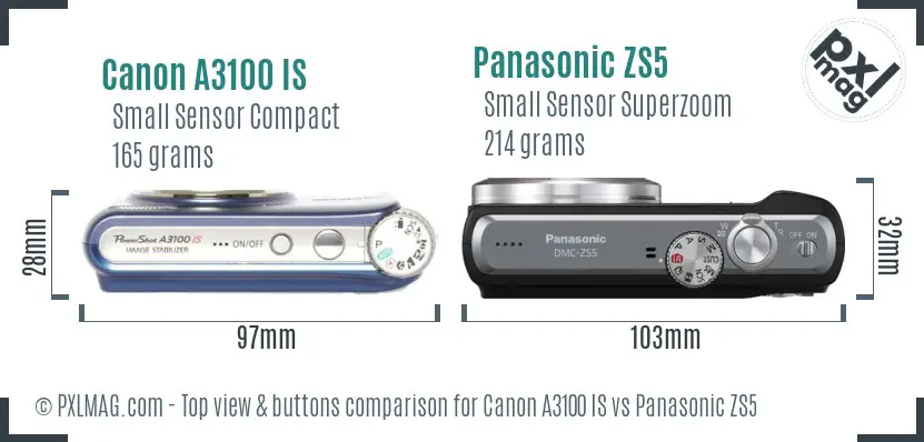 Canon A3100 IS vs Panasonic ZS5 top view buttons comparison Canon A3100 IS vs Panasonic ZS5 top view buttons comparison