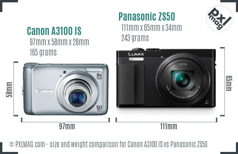 Canon A3100 IS vs Panasonic ZS50 size comparison