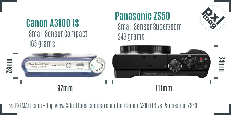 Canon A3100 IS vs Panasonic ZS50 top view buttons comparison