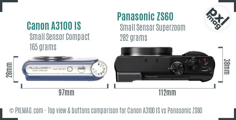 Canon A3100 IS vs Panasonic ZS60 top view buttons comparison Canon A3100 IS vs Panasonic ZS60 top view buttons comparison