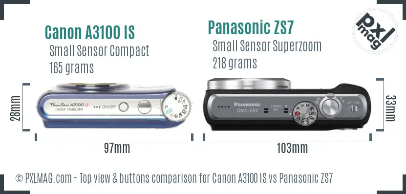 Canon A3100 IS vs Panasonic ZS7 top view buttons comparison