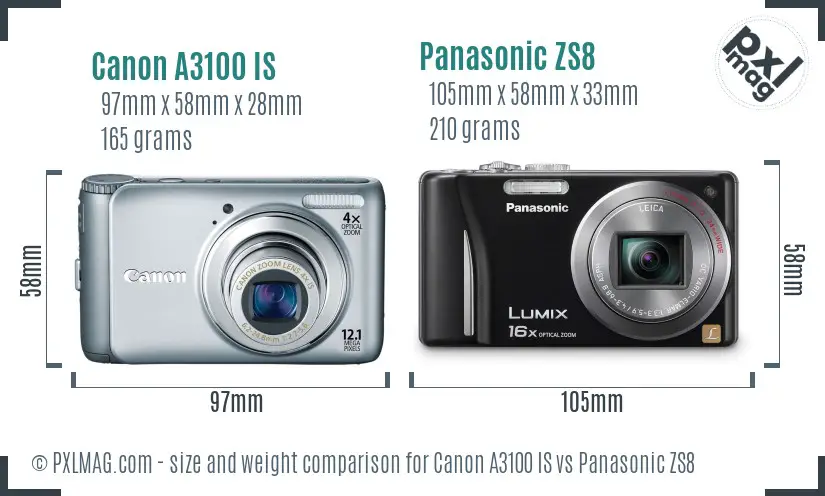 Canon A3100 IS vs Panasonic ZS8 size comparison