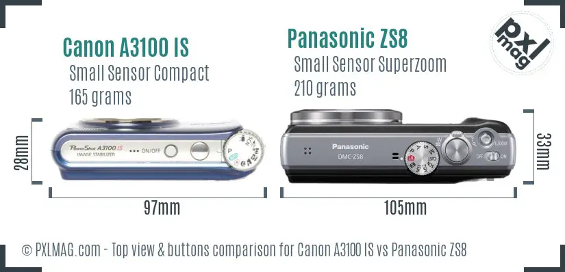 Canon A3100 IS vs Panasonic ZS8 top view buttons comparison