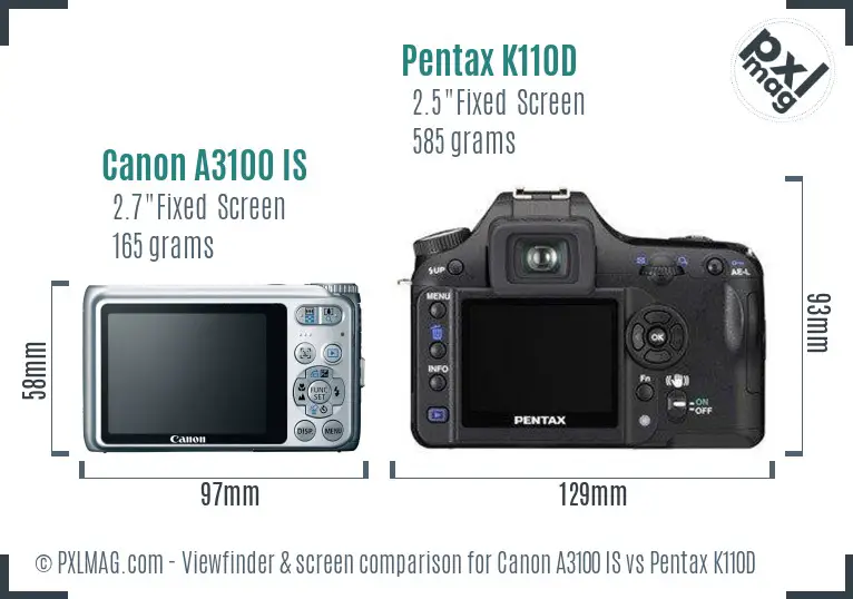 Canon A3100 IS vs Pentax K110D Screen and Viewfinder comparison
