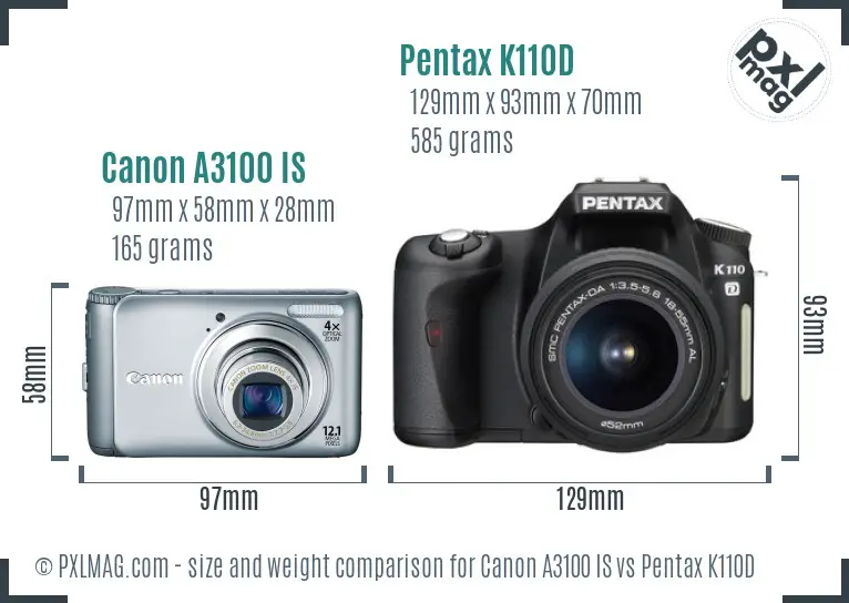 Canon A3100 IS vs Pentax K110D size comparison