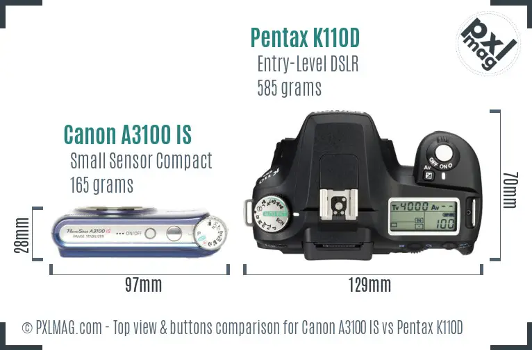 Canon A3100 IS vs Pentax K110D top view buttons comparison