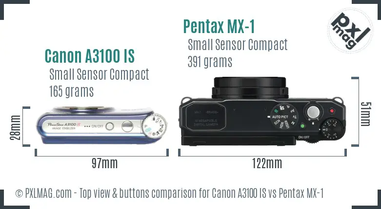 Canon A3100 IS vs Pentax MX-1 top view buttons comparison