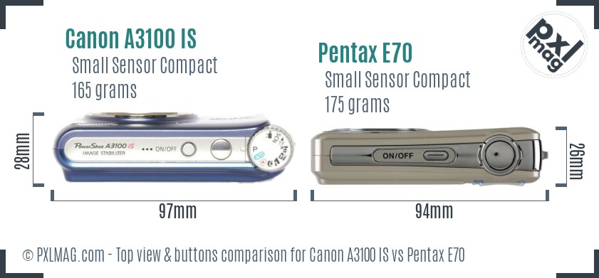 Canon A3100 IS vs Pentax E70 top view buttons comparison