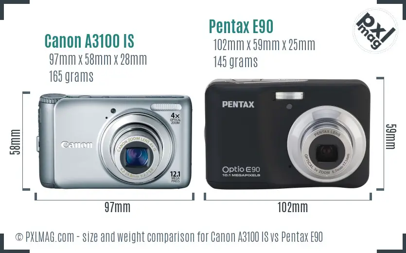 Canon A3100 IS vs Pentax E90 size comparison