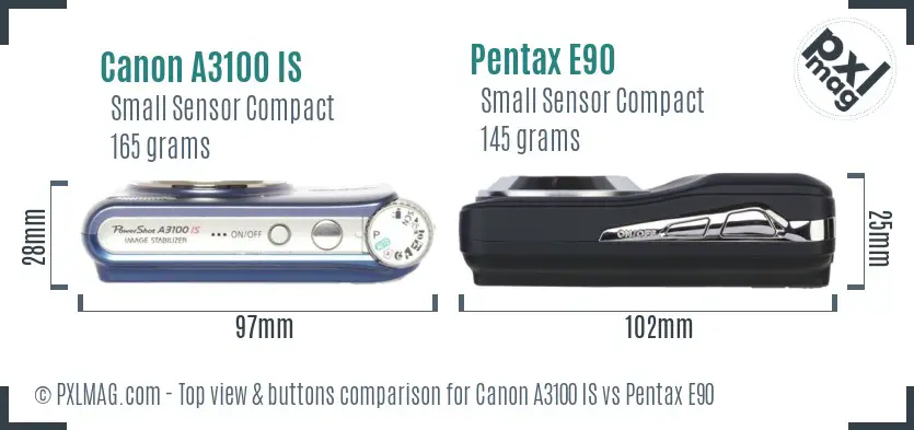 Canon A3100 IS vs Pentax E90 top view buttons comparison