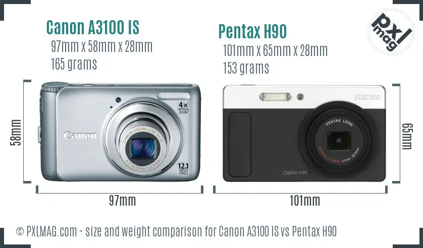 Canon A3100 IS vs Pentax H90 size comparison