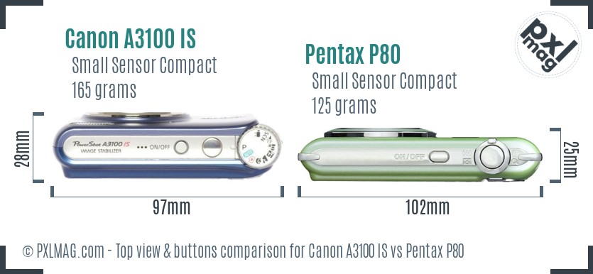 Canon A3100 IS vs Pentax P80 top view buttons comparison