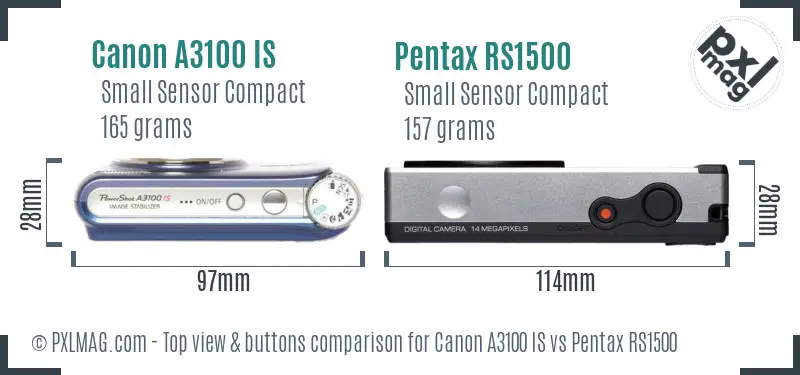 Canon A3100 IS vs Pentax RS1500 top view buttons comparison