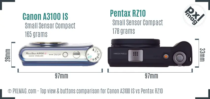 Canon A3100 IS vs Pentax RZ10 top view buttons comparison Canon A3100 IS vs Pentax RZ10 top view buttons comparison